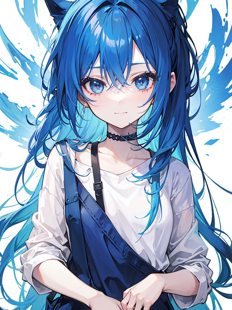 blue hair, long hair, portrait, casual look, girl, Honest and cool, transparent background, small smile, jumper