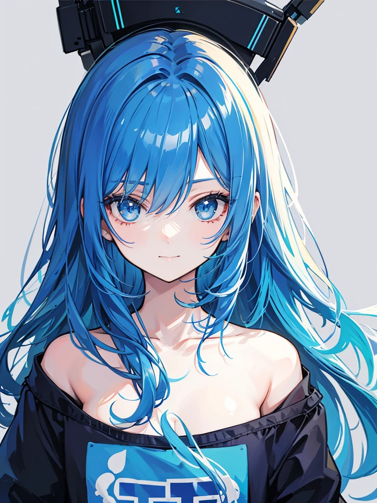 blue hair, long hair, portrait, casual look, girl, Honest and cool, transparent background, small smile, jumper