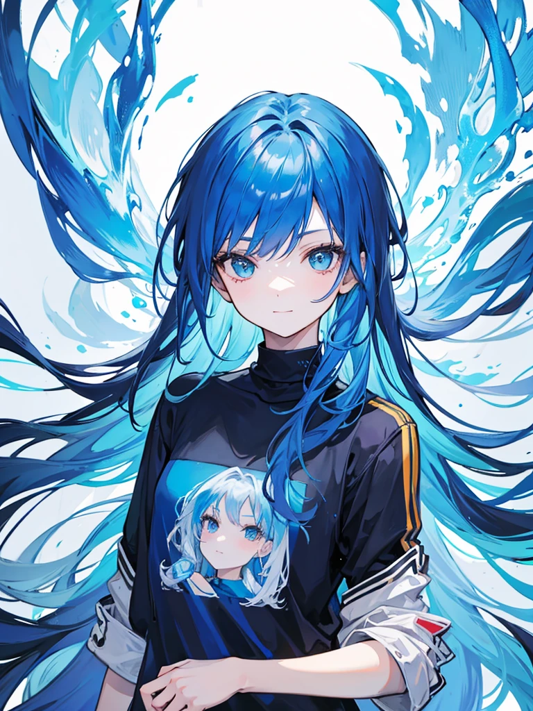 blue hair, long hair, portrait, casual look, girl, Honest and cool, transparent background, small smile, jumper