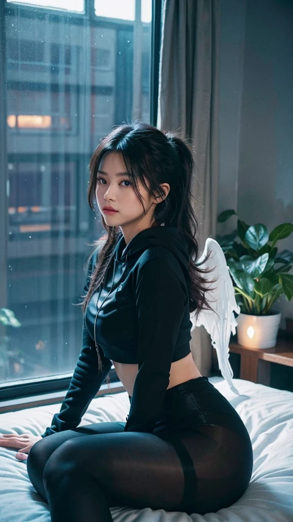 1girl, Selena,
sitting in bed next to a large window,hands between thighs,wearing croptop hoodie,black croptop hoodie,long hair,black hair,blue strip in hair low ponytail hairstyle,angel,angelic girl,white wings,halo,glowing halo,black eyes,pov from the side,sitting on the bed,hoodie,plants on the windowsill,looking out the window,looking away from viewer,background through window is vast space,galaxy background,wearing tights,leggings,black tights,thighs,night time,cyberpunk city view out of the window,neon light,purple neon lights,raining outside,heaving rain outside,girl is dry,no rain inside,