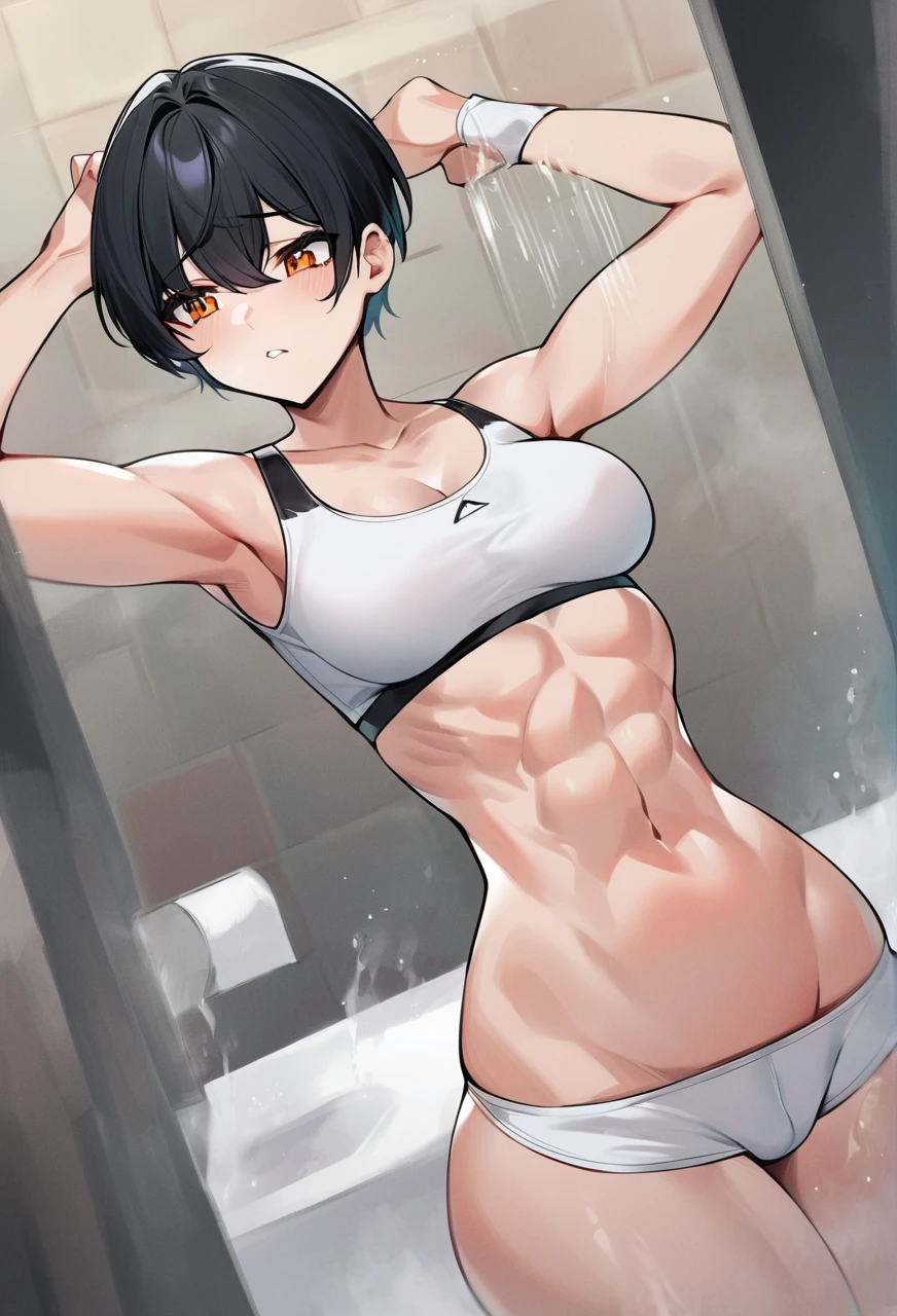 Adult Female, alone, very short hair, buzzed sides, Pixie cut hairstyle, black hair with thin red highlight, orange irises, mature, medium breasts, toned body, well defined abs, bathroom, panicked, tomboyish, white sports bra, thin compression shorts, thunder thighs, bulge in pants, no nudity, no exposed body, high detailed, high quality, best quality, perfect irises, perfect hands, perfect fingers