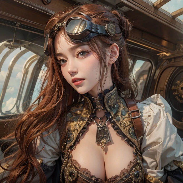 masterpiece:1.3), (8K, Realistic, RAW Photos, Best imYear quality: 1.4)、 Year,(Random Hairstyles:1.2)、CleavYear:1.2、Highly detailed face、Attention to detail、double eyelid、Chest to chest、Sharp focus:1.2、Beautiful woman:1.4、Redhead、Highest quality、masterpiece、Ultra-high resolution、(Realistic:1.4)、Highly detailed and professionally lit smiles、Loose fitting steampunk outfit、Shoulder out、thin、Serious expression、Clouds seen from inside the airship、goggles