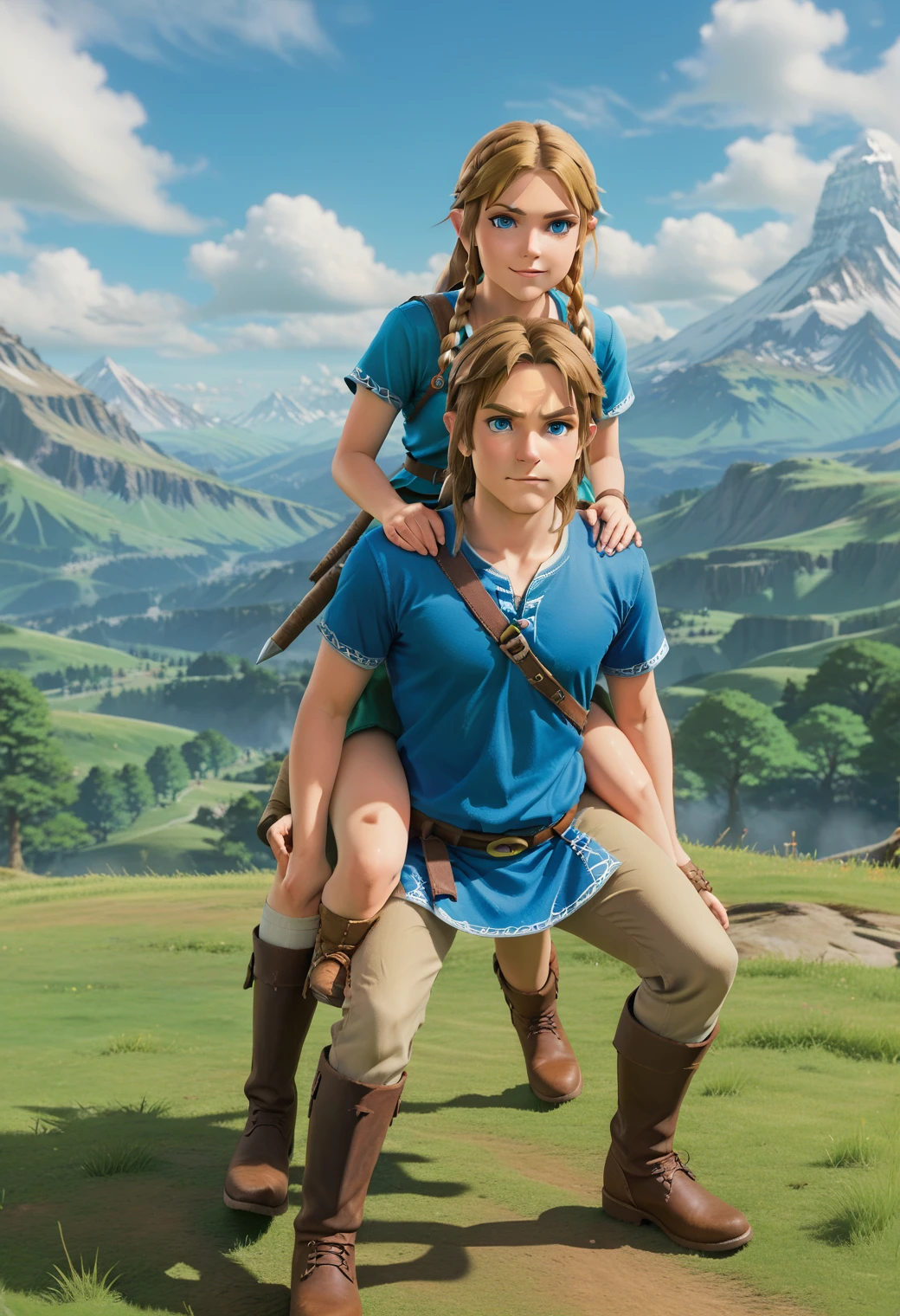 piggyback riding, human chair, all fours, sitting on person, boy on top, 1girl, blue eyes, link, zelda, the legend of zelda: breath of the wild, 1boy, from side, clothed, black pants, blue dress, brown boots, looking to the side, charging, open mouth, shouting, wooden shield, half-closed eyes, angry, outdoors, grass, mountainous horizon, blue cloudy sky,
BREAK
score_9, score_8_up, anime, (high quality, detailed, beautiful), shiny, detailed beautiful eyes, outstanding, countershading, detailed soft lighting