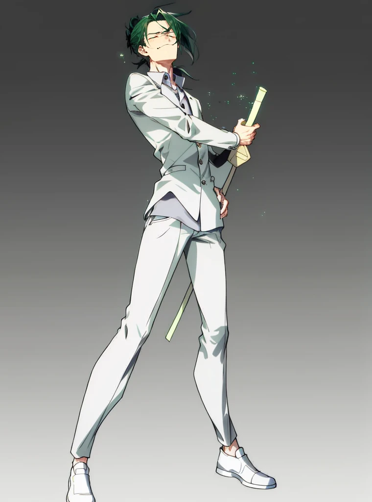 1 boy, 27 years old, full body, hair between eyes, dark green hair, low short ponytail, collared shirt, slacks, safari jacket, closed eyes, front view,