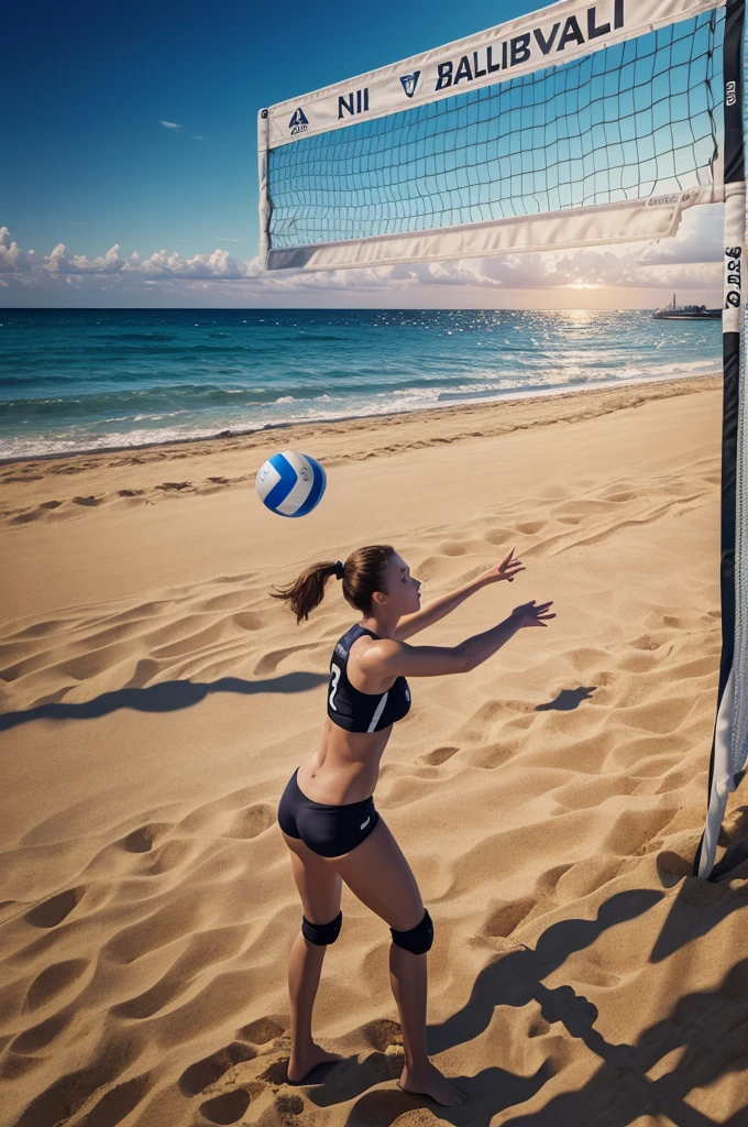 masterpiece,best quality,The background is the beach,((There is a volleyball net present))(Extremely detailed 8K wallpaper),(best quality),(Best illustration),(Best shadows),absurd,realistic lighting,(abyss),Beautiful detailed glow,PeterMohrBacherArt