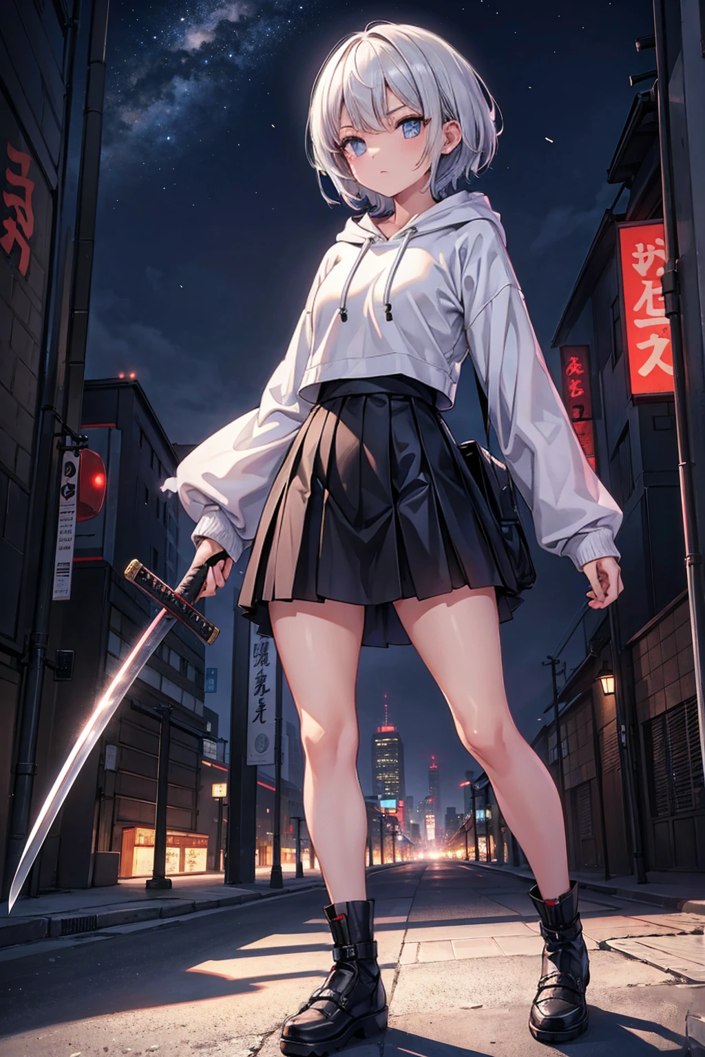 (masterpiece), (best quality), (ultra detailed), (high res 8K), 1 girl, late age, standing, contrappost, full body, low angle, hoody, mini-skirt,((one katana)), short hair, silver hair, serious, looking away, cityscape in Tokyo, night, rim lighting, high contrast, professional lighting, stunning face, symmetrical clear eyes, detailed eyes and face,(near future),(Swordsmanship)