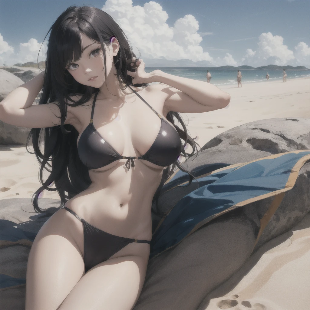 absurdres, highres, ultra detailed, (1girl:1.3), BREAK , Create a minimalist design, with clean lines, simple shapes, and a focus on composition and balance. BREAK NSFW, (((Uncensored))), (((Clear picture))). high image quality, high resolution, 18 year old beautiful girl、shiny black hair、Hime cut、Brown eyes, dark eyebrows, J-cup huge 、172cm tall、tightened waist,、red bikini, sexy po Sandy Beach、Blue sky