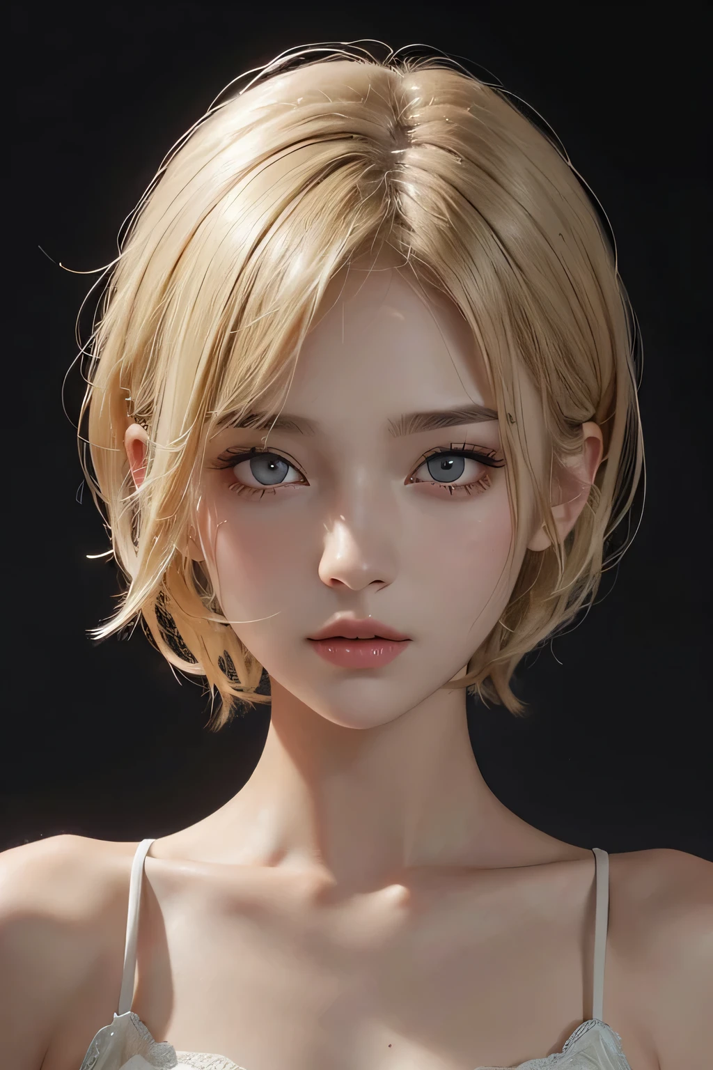 a 20 yo woman, (eyes on view), (half body), (full face), blonde, (messy short hair), dark theme, soothing tones, muted colors, high contrast, (detail hair), (natural skin texture, hyperrealism, sharp)