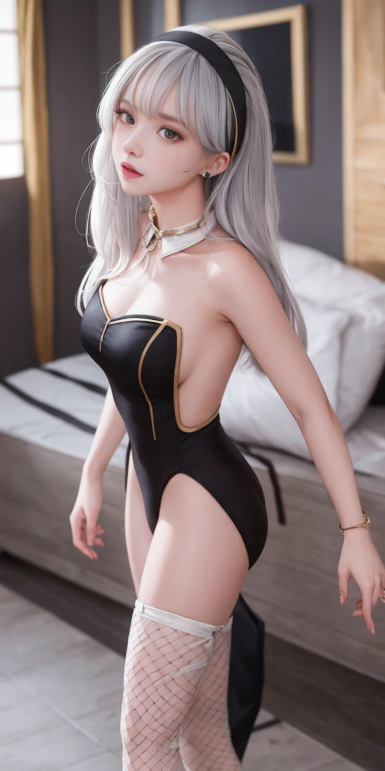 (masterpiece, best quality:1.2),solo,1girl,alternate costume,black hairband,looking at viewer,highres,sweatdrop,solo,black leotard,backless leotard, playboy bunny,firefly_\(honkai:_star_rail\),blush,1girl,armband,collarbone,detached collar,fishnet_thighhighs,green bowtie,strapless leotard