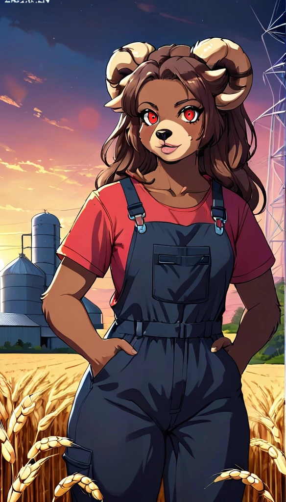 (zPDXL2),  score_9_up, concept art, anime, cyberpunk, low light, BREAK
1girl, solo, (bear:1.2), (long wavy hair, bun hairstyle), glowing red eyes, (ram horns:1.2), (bear ears, bear tail), tanned skin, farmer jumpsuit, wheat farm background, BREAK
AissistXLv2, unaestheticXL_bp5, SimplePositiveXLv2, zPDXL2 PonyXLV6_Scores