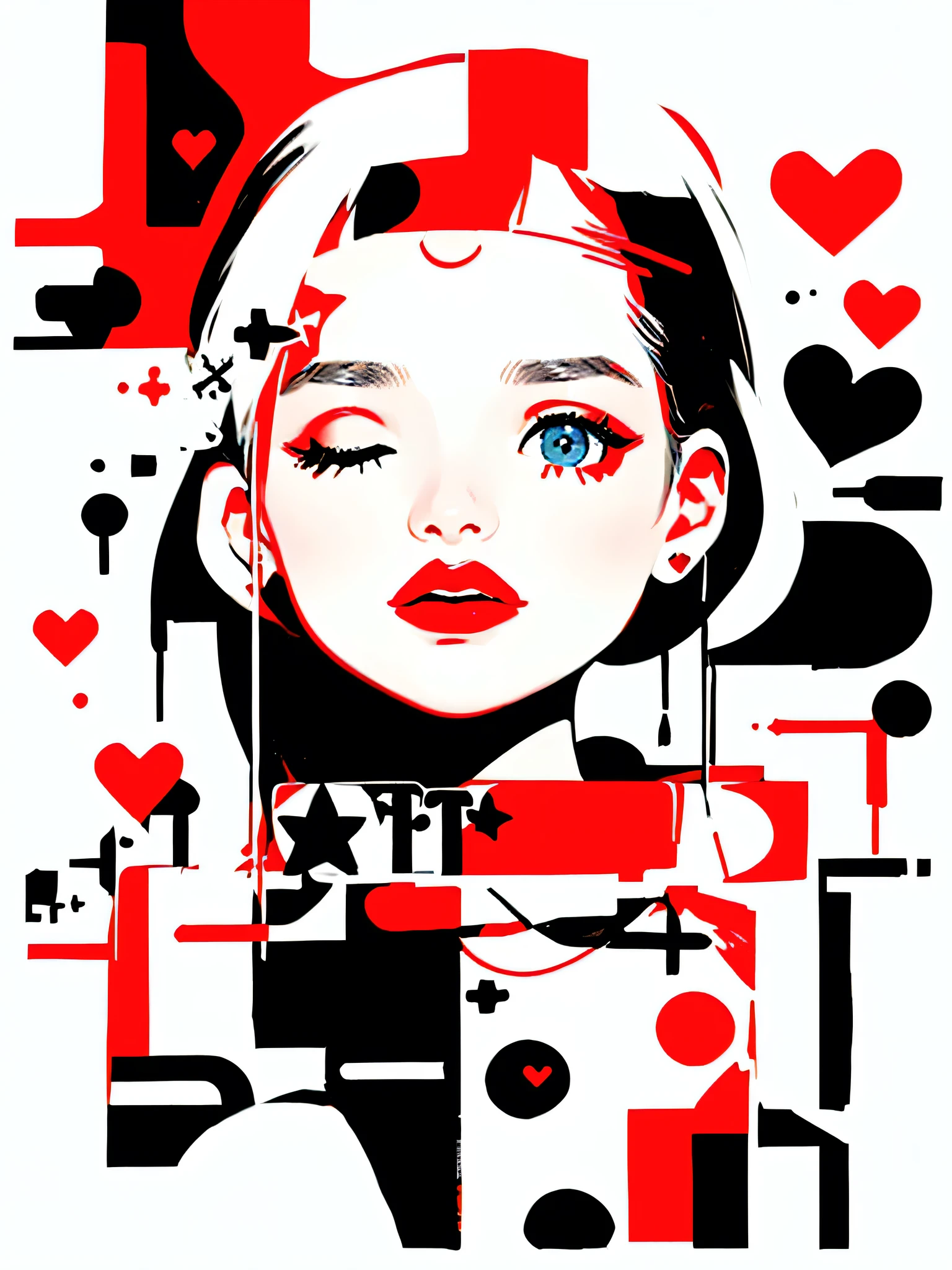 Black Star Red and White style, Simple Line Initialism，Abstract art，Urban Background, (((The most beautiful girl of all time))), Sweet face. Lips in love, colorful hearts, stylish design