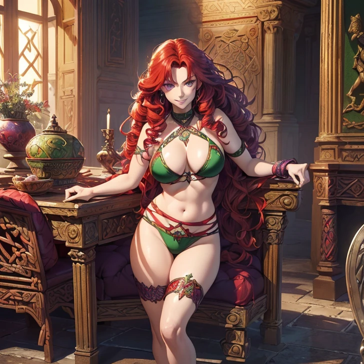 (absurdres, high fantasy artwork, best high quality image, carefuly detailed, very detailed features and textures, view solo character)
{{(1character: 60 years old scarlet-red haired barbarian woman milf, (long curly red hair, purple eyes, confident demeanor, brave smile) (green swimsuit), (irish park ancient greek forniture and celtic forniture)}}