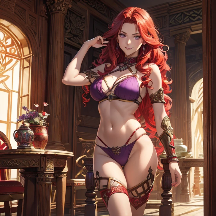 (absurdres, high fantasy artwork, best high quality image, carefuly detailed, very detailed features and textures, view solo character)
{{(1character: 60 years old scarlet-red haired barbarian woman milf, (long curly red hair, purple eyes, confident demeanor, brave smile) (green swimsuit), (irish park ancient greek forniture and celtic forniture)}}