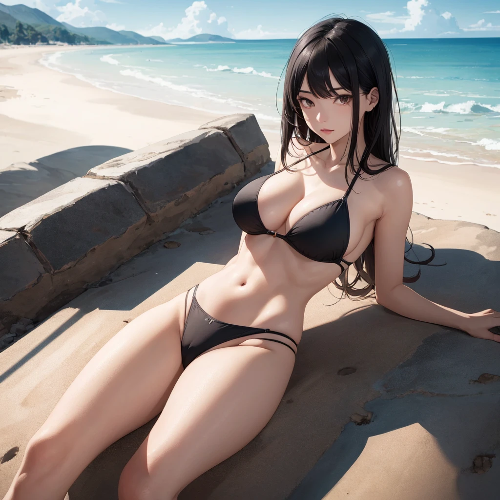 absurdres, highres, ultra detailed, (1girl:1.3), BREAK , Create a minimalist design, with clean lines, simple shapes, and a focus on composition and balance. BREAK NSFW, (((Uncensored))), (((Clear picture))). high image quality, high resolution, 18 year old beautiful girl、shiny black hair、Hime cut、Brown eyes, dark eyebrows, J-cup huge breasts、172cm tall、tightened waist,、red bikini, sexy pose, Sandy Beach、Blue sky
