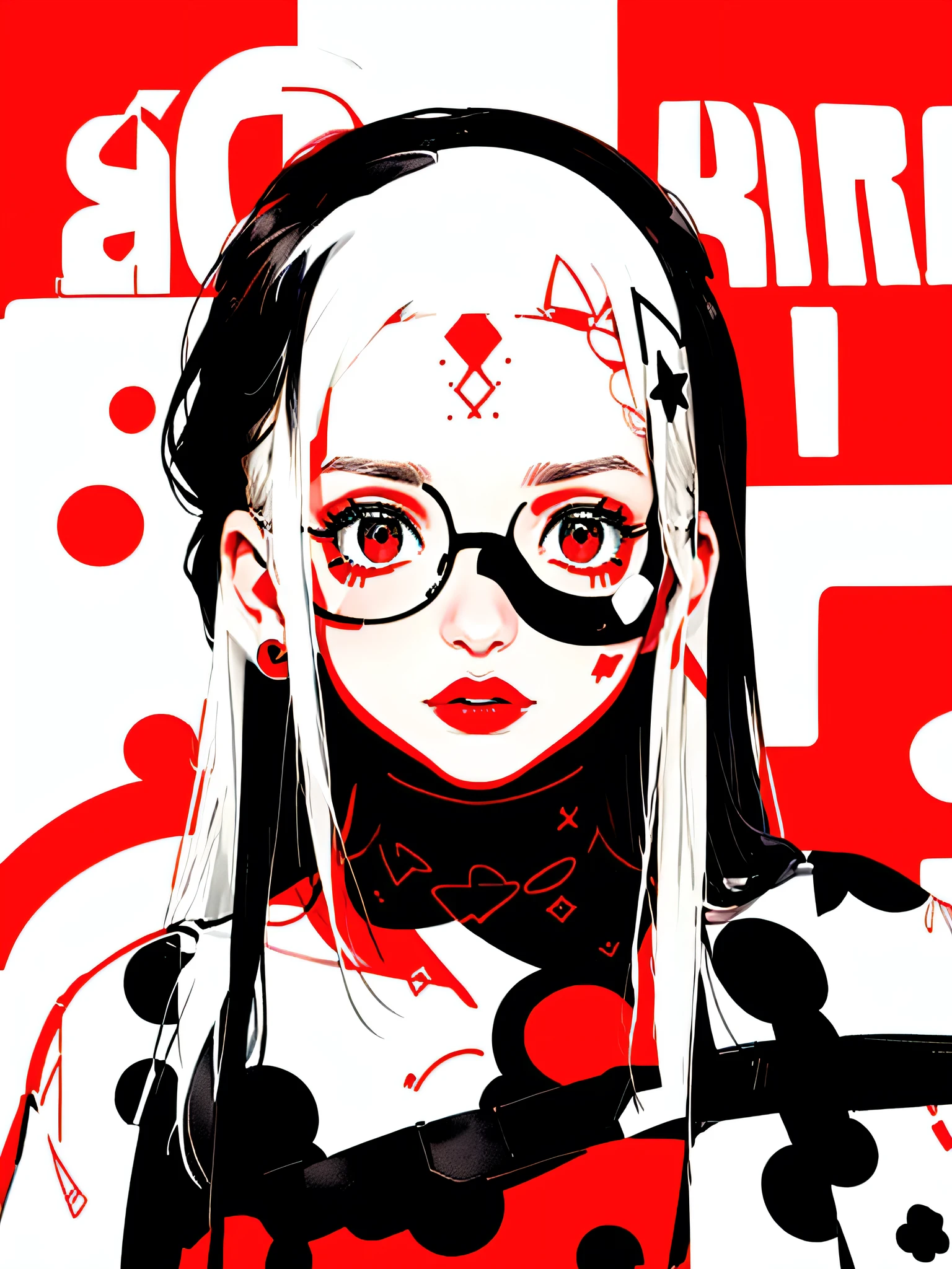 Black Star Red and White style, Simple Line Initialism,Abstract art,Urban Background, (((The most beautiful girl of all time))), Sweet face. Lips in love, colorful hearts, stylish design
