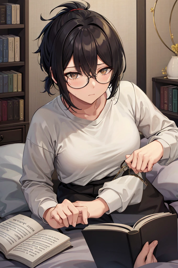 mature woman, hair over one eye, golden eyes, Tomboy, sitting on the ground, white shirt, black sweatpants, looking at viewer, bed, black short hair with a ponytail, books lying around, bedroom background, round glasses, bags under eyes, tired face, reading a book