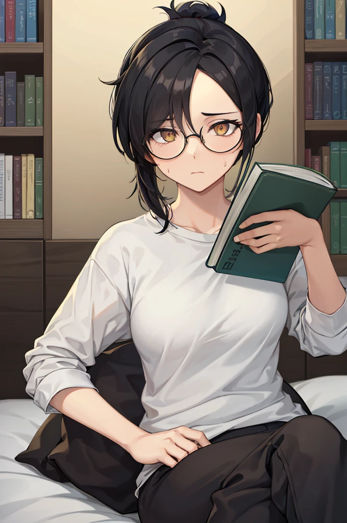 mature woman, hair over one eye, golden eyes, Tomboy, sitting on the ground, white shirt, black sweatpants, looking at viewer, bed, black short hair with a ponytail, books lying around, bedroom background, round glasses, bags under eyes, tired face, reading a book
