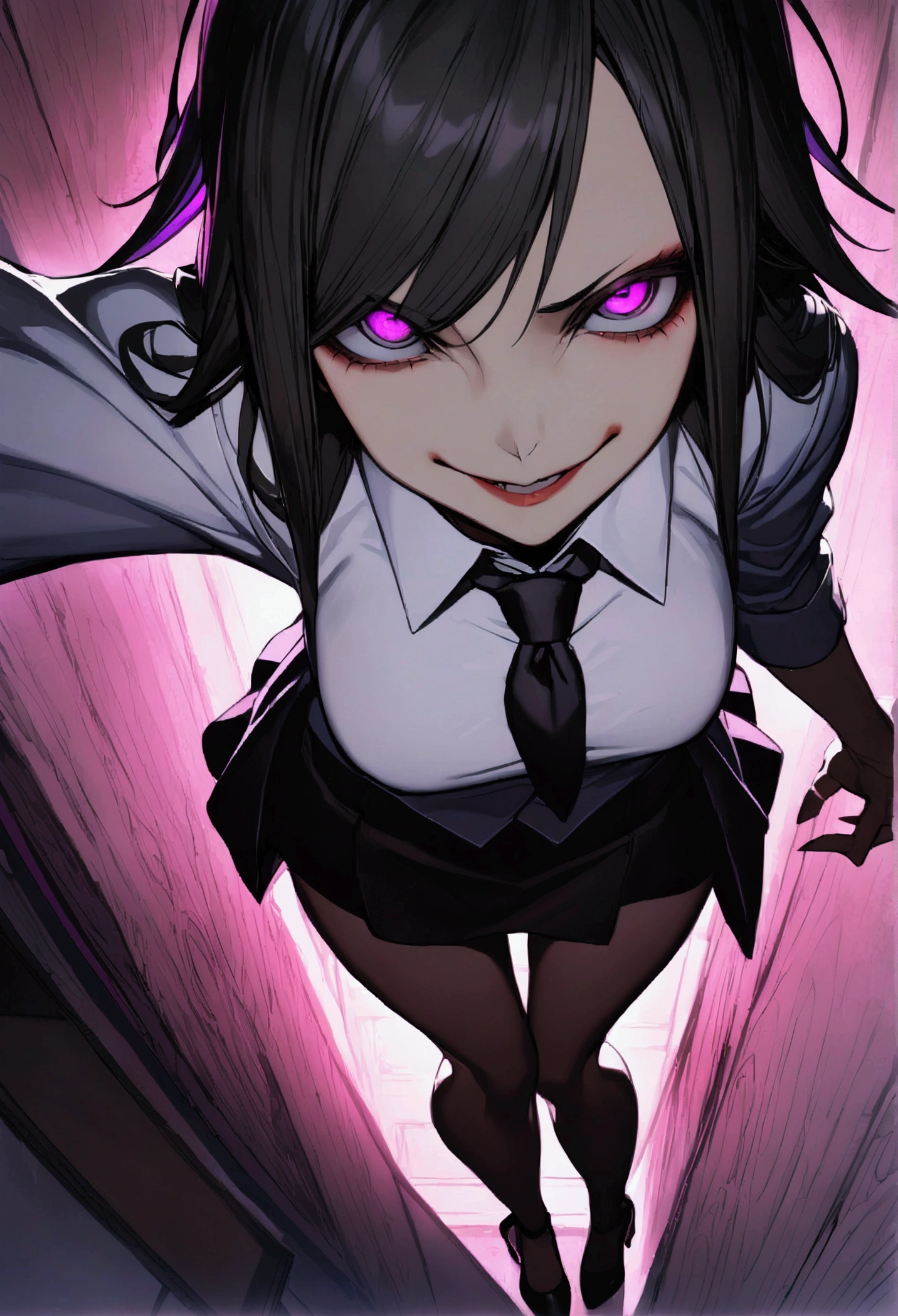 Juri Han, artwork, fitted white secretary shirt with black tie, Black Skirt , skirt short,sock, Bblack hair, scary black sun,DESK,bangs on the eyes,lighting,hair horn,from above view,staring overhead,evil smile,black highheels,glowing purple eyes