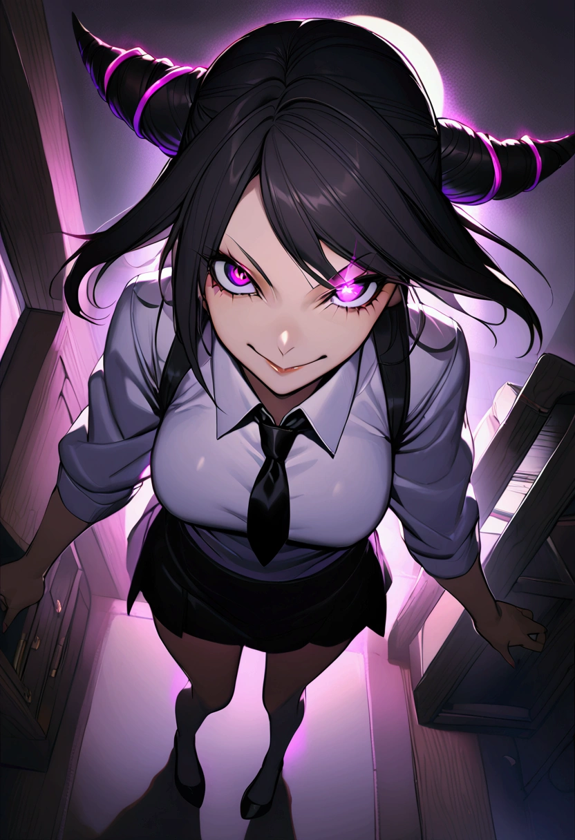 Juri Han, artwork, fitted white secretary shirt with black tie, Black Skirt , skirt short,sock, Bblack hair, scary black sun,DESK,bangs on the eyes,lighting,hair horn,from above view,staring overhead,evil smile,black highheels,glowing purple eyes