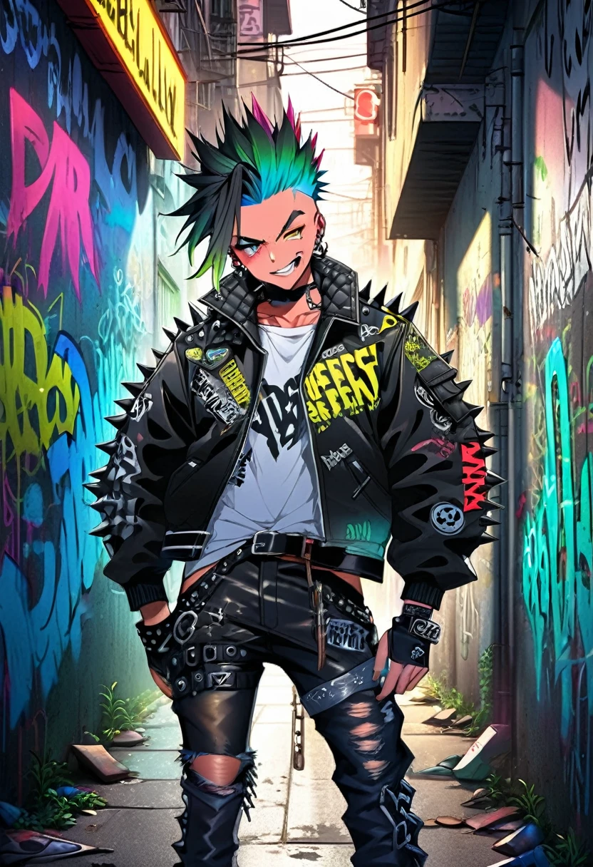 A man with a metal punk style is walking down the streets in a dystopian world. The scene is set in a world dominated by metallic elements and punk aesthetics. The man's appearance is characterized by a rebellious and edgy fashion style, with an outfit consisting of leather jackets, ripped jeans, heavy metal accessories, and military style boots with straps and spikes. His hair is spiked and dyed in vibrant neon colors, showcasing his fierce personality. His mouth has a devious, almost evil grin to it showing how rebellious he is. His entire body is visible to show off his style.
The environment around him is heavily influenced by a post-apocalyptic setting, with dilapidated buildings and crumbling infrastructure. The streets are filled with graffiti and signs of rebellion, reflecting the punk subculture that permeates this world. Neon lights flicker in the dimly lit alleyways, casting an eerie glow and creating an atmosphere of tension and uncertainty.
The man's movements are confident and purposeful as he navigates through the abandoned streets. His eyes are piercing and filled with determination, while his lips are sealed with an expression of defiance. The attention to detail in depicting his eyes and facial features is paramount to capture the essence of his rebellious nature.
The overall image quality is of the highest standard, with a focus on ultra-detailed rendering and vivid colors. Each design element, from the textured leather of his jacket to the intricate patterns in the graffiti, is meticulously crafted to create a photorealistic masterpiece. The lighting technique enhances the dramatic atmosphere, with shadows and neon reflections adding depth to the scene.
In terms of art style, the prompt emphasizes the fusion of punk aesthetics with a dystopian world, resulting in a unique blend of urban grit and metallic elements. This combination creates a visually striking and thought-provoking image.