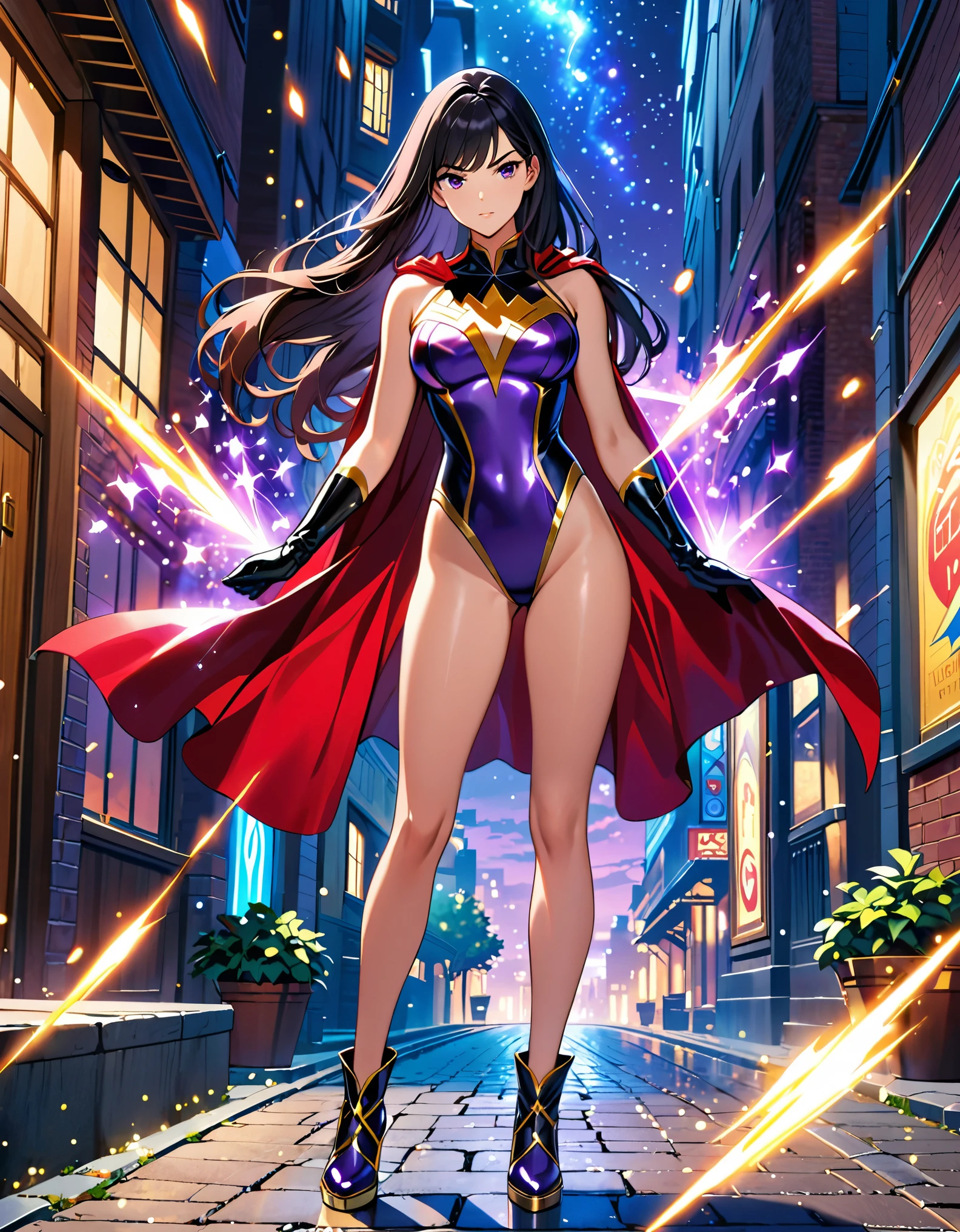 masterpiece, best quality, highres, 1girl, solo, magician, superhero, leotard, bare legs, matching shoes, gloves, looking at viewer, outdoors, night, leotard, black hair, purple eyes, medium breasts, long hair, standing, full body, heroic, light particles, magic, hair down, cool