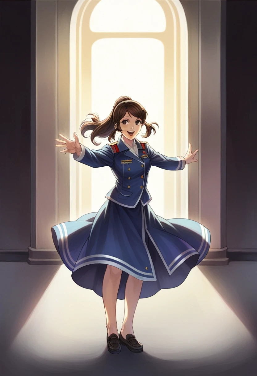 Black Eyes, 1 woman, (female)), solo, real, top quality, photorealistic, masterpiece, 8K, HDTV, solo, hdtv face, soft lighting, bedroom, ((daytime)), sky, (looking at camera), (portrait: 0.6), full-body, (medium hair), ponytail, brown hair, floating hair, lips, lipstick, seductive smile, Floating hair, smile, open mouth, teeth, eyelashes, Nogizaka 46, Moeka Tada, Akari Suda, idol, beautiful girl, ((uniform)), (((standing))