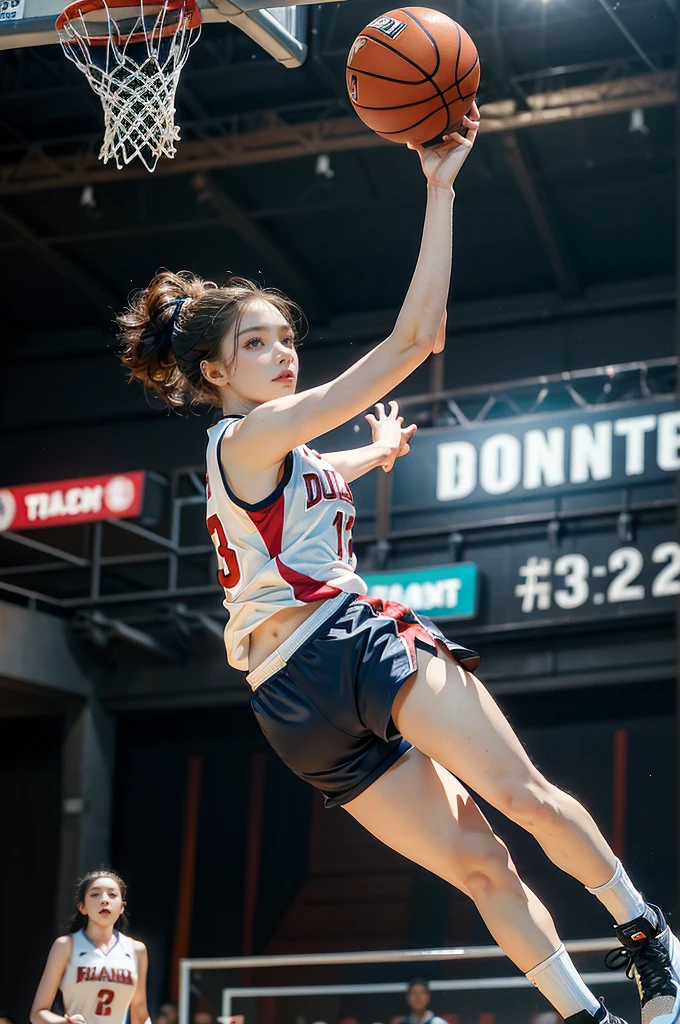 (((best quality))), (((ultra detailed))), (((masterpiece))), illustration, ((1girl,female basketball player,solo)),(slam dunk:1.3),(dunking in the air:1.3), intensity, determined expression, flushed face, perspiration, almond-shaped eyes, mesh jersey, team name and number, form-fitting shorts, athletic build, high-top basketball shoes, indoor basketball gym, well-lit, wooden floor, scoreboard, spectators, stands, action, impact, ball through the hoop, victory, achievement, dedication, skill,(basketball:1.3)