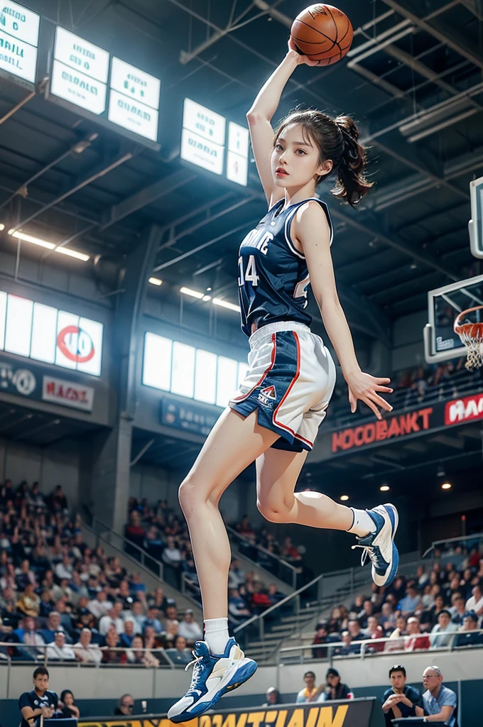 (((best quality))), (((ultra detailed))), (((masterpiece))), illustration, ((1girl,female basketball player,solo)),(slam dunk:1.3),(dunking in the air:1.3), intensity, determined expression, flushed face, perspiration, almond-shaped eyes, mesh jersey, team name and number, form-fitting shorts, athletic build, high-top basketball shoes, indoor basketball gym, well-lit, wooden floor, scoreboard, spectators, stands, action, impact, ball through the hoop, victory, achievement, dedication, skill,(basketball:1.3)