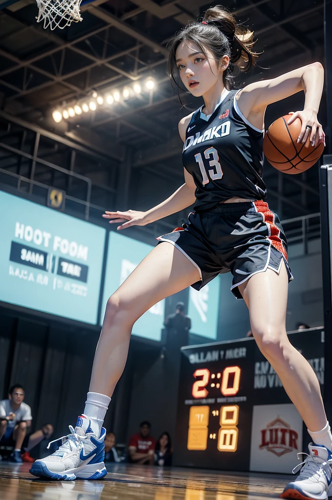 (((best quality))), (((ultra detailed))), (((masterpiece))), illustration, ((1girl,female basketball player,solo)),(slam dunk:1.3),(dunking in the air:1.3), intensity, determined expression, flushed face, perspiration, almond-shaped eyes, mesh jersey, team name and number, form-fitting shorts, athletic build, high-top basketball shoes, indoor basketball gym, well-lit, wooden floor, scoreboard, spectators, stands, action, impact, ball through the hoop, victory, achievement, dedication, skill,(basketball:1.3)