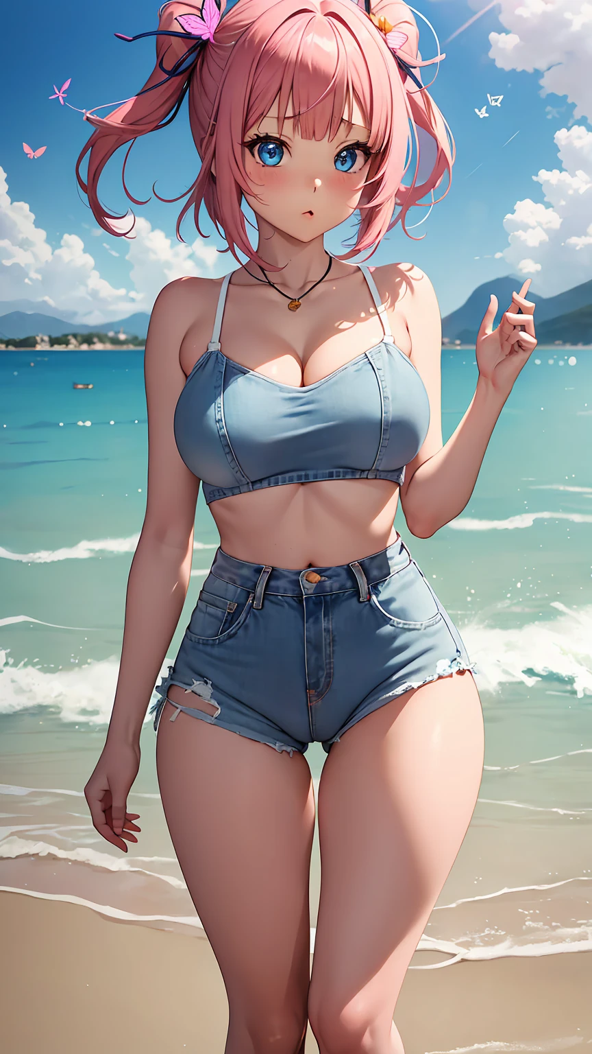 [nakano_nino, short hair, bangs, blue eyes, hair ornament, hair ribbon, pink hair, blunt bangs, two side up, butterfly hair ornament, large breasts], 1girl, anime girl, anime, 2d girl, (fullbody), standing, anime girl, ((blowing kiss to viewer)), heart, Solo, Slim, Tight Shorts, low waist shorts, upshorts, The night background, in front of beach house, distant mountain in the background, stars in the sky, looking at viewer, darker shadows, (((explicit))), (((shorts))), (((absurdres))), (((thigh gap))), cameltoe, (((cameltoe))), (((cleft of venus))), (((pussy outline in shorts))), (((pussy contour in shorts))), (((lowleg shorts))),