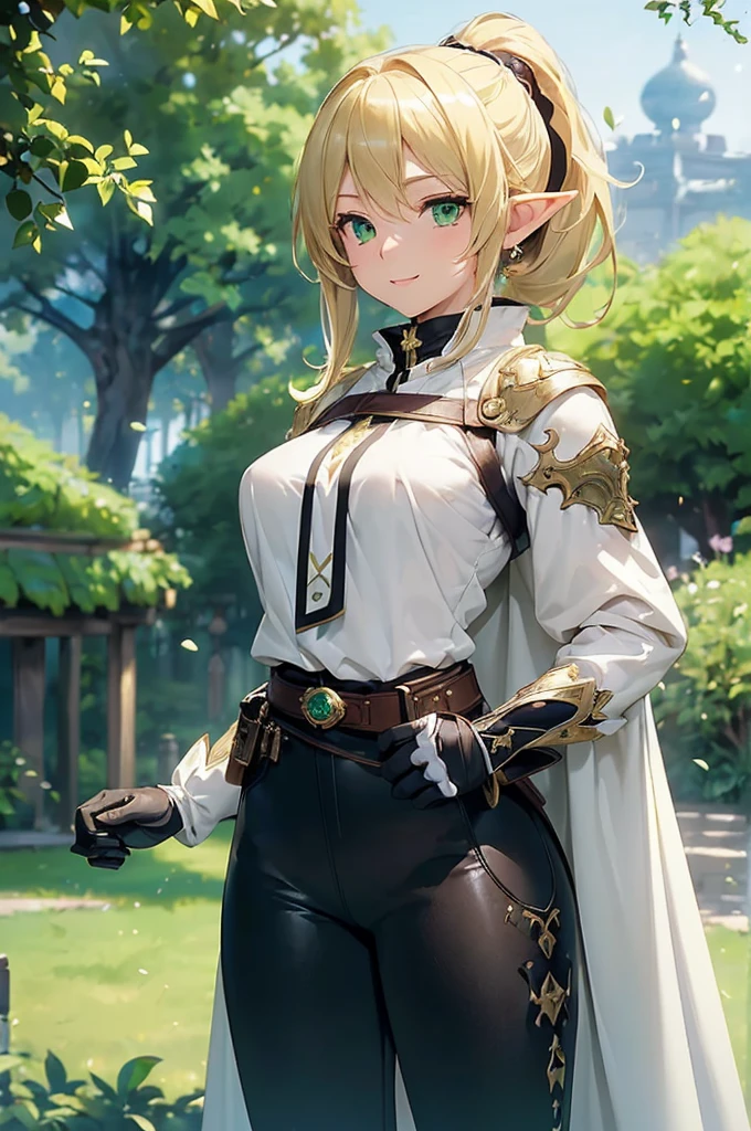 (((masterpiece; best quality: 1.2))), (finely detailed eyes: 1.3), (25 year old elf woman), (solo), (green eyes: 1.4), (body; buxom, fit, femenine: 1.3), (silky blonde hair in low ponytail: 1.3), (beautiful and clear background: 1.2), ((depth of field)), (equipment: adventurer attire + modest + long white tunic-coat + black cape + black pants + gloves + belt + pouches: 1.3), (anime illustration: 1.2), (background composition; royal garden: 1.1), (extremely fine and beautiful: 1.1), (shot composition; standing + centered on torso + close-up: 1.5), (expression; calm, smile: 1.2)
