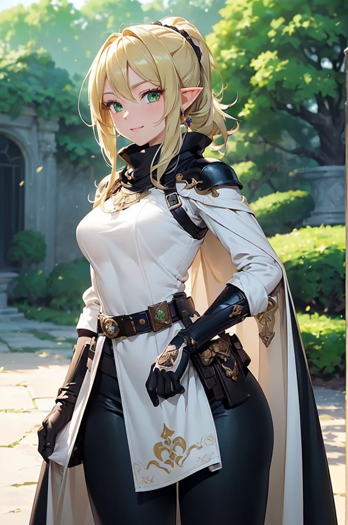 (((masterpiece; best quality: 1.2))), (finely detailed eyes: 1.3), (25 year old elf woman), (solo), (green eyes: 1.4), (body; buxom, fit, femenine: 1.3), (silky blonde hair in low ponytail: 1.3), (beautiful and clear background: 1.2), ((depth of field)), (equipment: adventurer attire + modest + long white tunic-coat + black cape + black pants + gloves + belt + pouches: 1.3), (anime illustration: 1.2), (background composition; royal garden: 1.1), (extremely fine and beautiful: 1.1), (shot composition; standing + centered on torso + close-up: 1.5), (expression; calm, smile: 1.2)