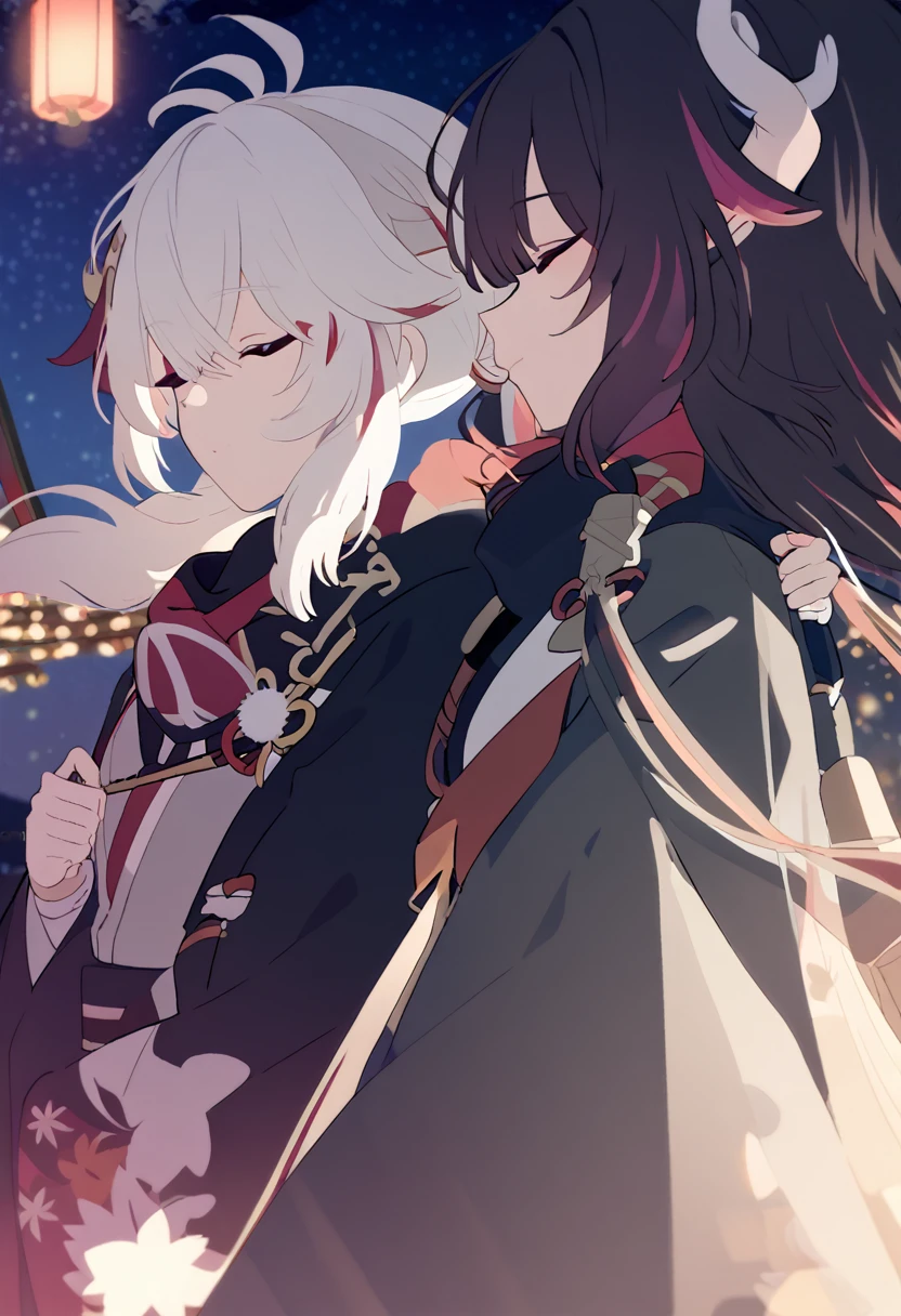 Man and woman couple, walking under the stars, at night, very close, 1 girl, Columbina, multicilor hair, two color hair, colored inner hair, decoration for your hair, black fur, with red outline, closed eyes, 1 chico, Kaedehara Kazuha, white hair with a red streak, hair ornament