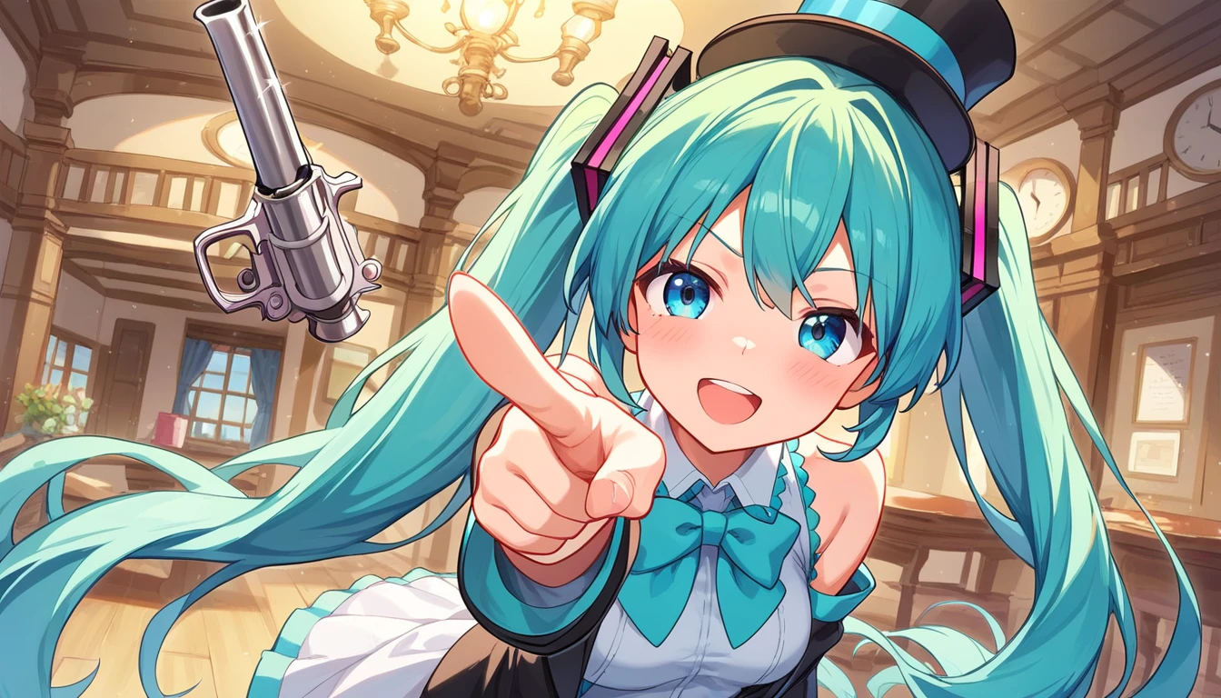 ((1girls:1.3)), ((moe style:1.3)), ((game interface:1.3)), ((health points:1.3)), ((equipment list:1.3)), ((pointing:1.3)), ((saloon:1.3)), ((monocle:1.3)), ((top hat:1.3)),((revolver:1.3)), hatsune miku, ((perfect face)), ((extremely cute:1.3)), ((masterpiece:1.3)), ((8k)), ((best quality:1.3)), ((beautiful)), ((extremely detailed:1.3)) , ((absurdres)), AddXL, ((score_9:1.3)), ((score_8_up:1.3)), ((score_7_up:1.3)), Expressiveh 
