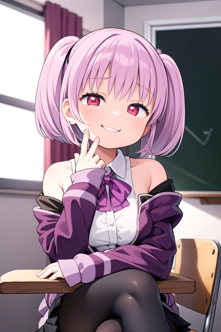 1girl, grin, :3, twintails, upper body, hand to own mouth, looking at viewer, half-closed eyes, hoodie, pink hair, blue eyes,Masterpiece, Best quality, A high resolution, Akane Shinjo, 1girll, Solo, Pantyhose, shirt, bow, Skirt, purple jacket, Jacket, White shirt, Long sleeves, Short hair, Black skirt, Collared shirt, Black pantyhose, Open clothes, neck bowtie, Purple bow, Breasts, bangs, Red eyes, Pleated skirt, cropped shoulders, Open jacket, sleeves past wrists, Light purple hair, Purple bow tie, Miniskirt, Cowboy shot, Classroom,((crossed legs)), boots,