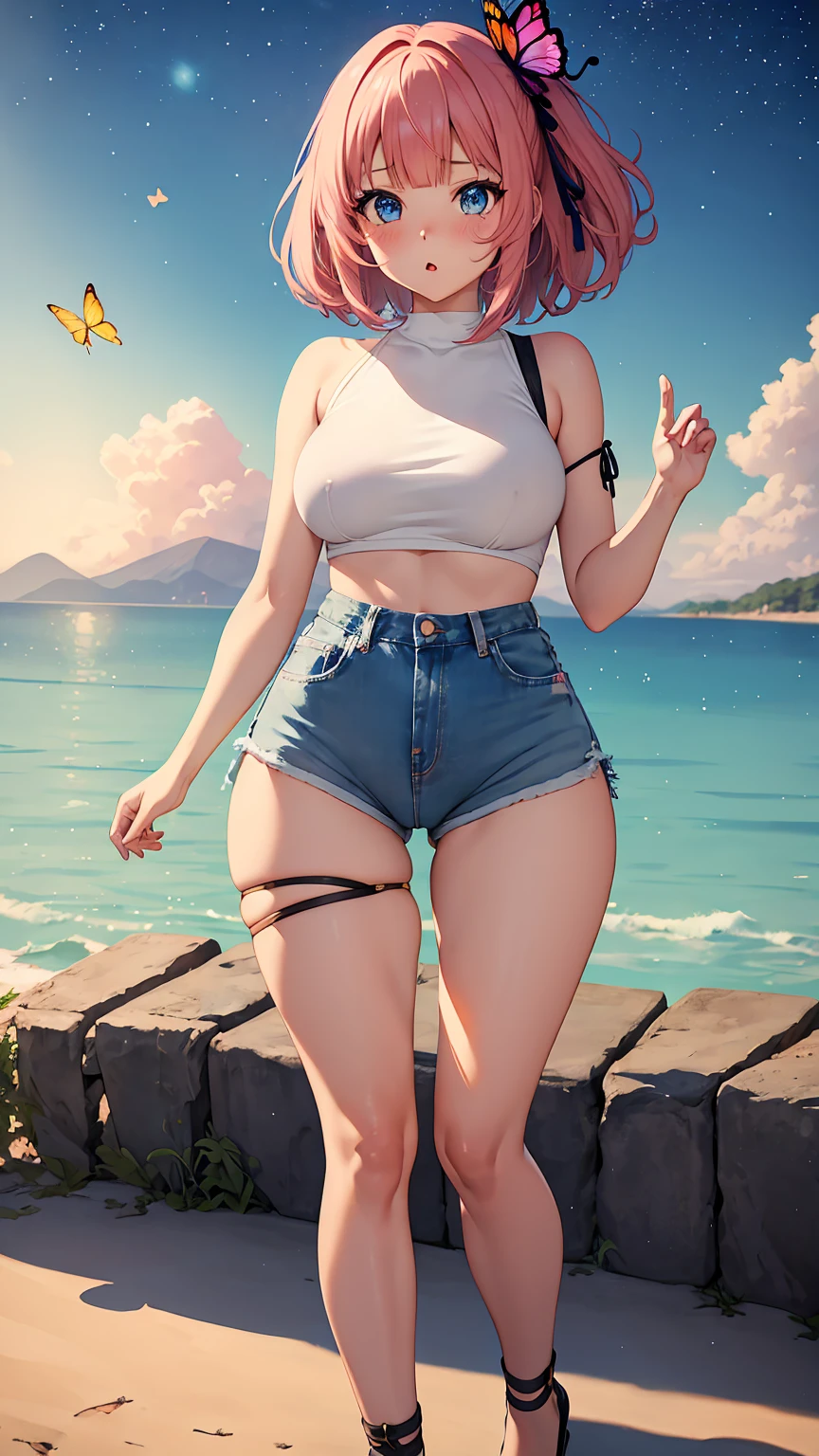 [nakano_nino, short hair, bangs, blue eyes, hair ornament, hair ribbon, pink hair, blunt bangs, two side up, butterfly hair ornament, large breasts], 1girl, anime girl, anime, 2d girl, (fullbody), standing, anime girl, ((blowing kiss to viewer)), heart, Solo, Slim, Tight Shorts, low waist shorts, upshorts, The night background, in front of beach house, distant mountain in the background, stars in the sky, looking at viewer, darker shadows, (((explicit))), (((shorts))), (((absurdres))), (((thigh gap))), cameltoe, (((cameltoe))), (((cleft of venus))), (((pussy outline in shorts))), (((pussy contour in shorts))), (((lowleg shorts))),
