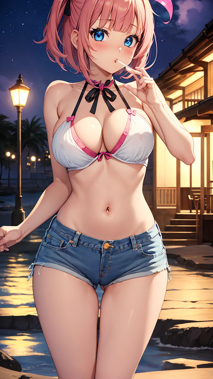 [nakano_nino, short hair, bangs, blue eyes, hair ornament, hair ribbon, pink hair, blunt bangs, two side up, butterfly hair ornament, large breasts], 1girl, anime girl, anime, 2d girl, (fullbody), standing, anime girl, ((blowing kiss to viewer)), heart, Solo, Slim, Tight Shorts, low waist shorts, upshorts, The night background, in front of beach house, distant mountain in the background, stars in the sky, looking at viewer, darker shadows, (((explicit))), (((shorts))), (((absurdres))), (((thigh gap))), cameltoe, (((cameltoe))), (((cleft of venus))), (((pussy outline in shorts))), (((pussy contour in shorts))), (((lowleg shorts))),