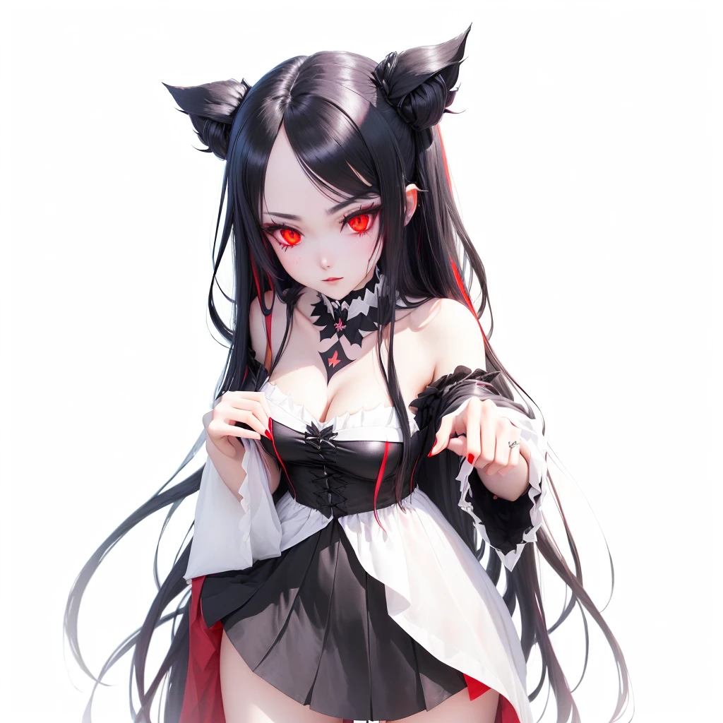 a woman with long hair and red eyes wearing a black dress, gapmoe yandere grimdark, mika kurai demon, demon anime girl, Black demon dancer, 3D anime style, gapmoe yandere, portrait gapmoe yandere grimdark, with bright red eyes, devious evil expression, white horned queen demon, demon girl, anime girl with cat ears