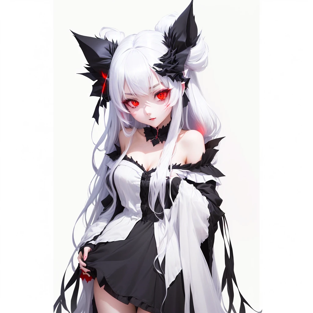 a woman with long hair and red eyes wearing a black dress, gapmoe yandere grimdark, mika kurai demon, demon anime girl, Black demon dancer, 3D anime style, gapmoe yandere, portrait gapmoe yandere grimdark, with bright red eyes, devious evil expression, white horned queen demon, demon girl, anime girl with cat ears