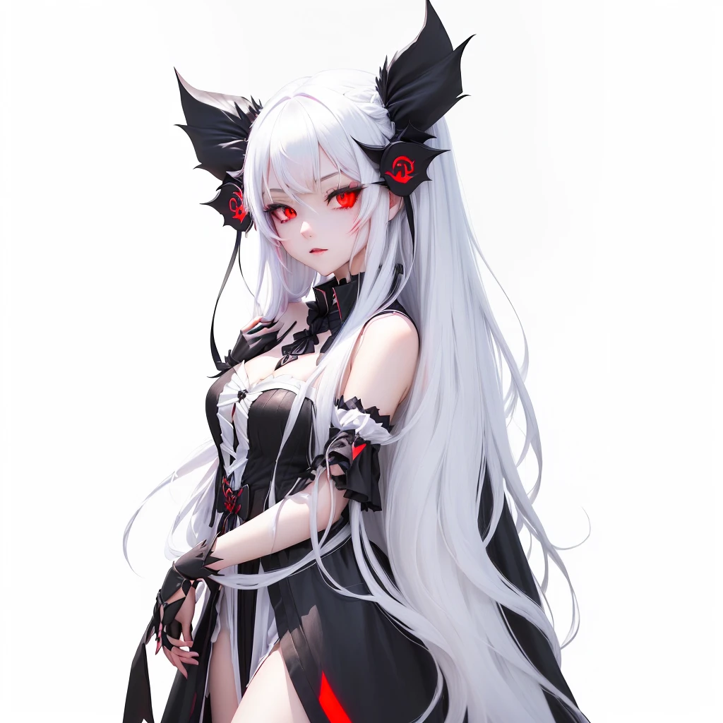a woman with long hair and red eyes wearing a black dress, gapmoe yandere grimdark, mika kurai demon, demon anime girl, Black demon dancer, 3D anime style, gapmoe yandere, portrait gapmoe yandere grimdark, with bright red eyes, devious evil expression, white horned queen demon, demon girl, anime girl with cat ears