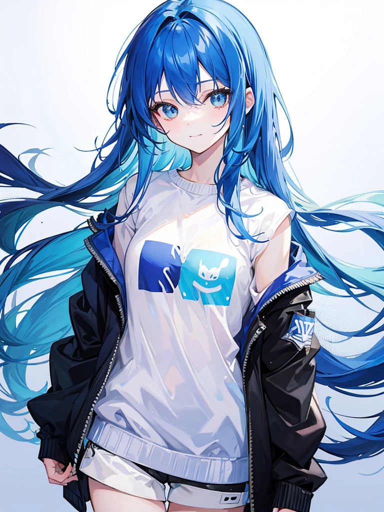 blue hair, long hair, portrait, casual look, girl, Honest and cool, transparent background, small smile, jumper