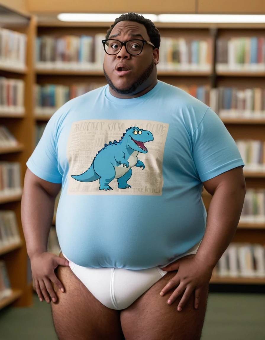 arafed Fat african american man in a blue shirt and white briefs in a library, thicc, dinosaur on shirt, robust stocky body, dad bod, peter griffin body type, inspired by Abidin Dino, white undergarments, real life peter griffin, adult swim style, stocky, peter griffin in real life, rubenesque, frank reynolds, photo from a promo shoot