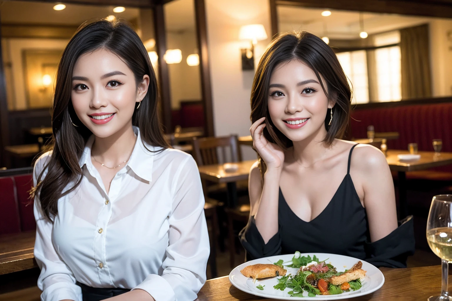 ((Highest quality、8K、masterpiece:1.3))、Shortcuts、cute、slimカップル、modelカップル、actress男優、(Realistic, Intricate details:1.2), full-course dinner、Wine Party、Amazing view of the sunset sky and clouds、A bright smile、short hair,Bright Face、 (Age 45), 42 years old, red wine 、Appetizers、Italian food、Wine bottle、Champagne、sparkling wine、Two beauties、Brown Hair、Shortcuts、Long sleeve shirt、dress、Beautiful woman 1, (slimな顔), (The body is slim), (Brown Hair), (Shortcuts), cheeks turn a little red,Attractive beauty、restaurant, In a prominent place (From the waist up) Nova Frog Style, actress, model, Upper Body, White wine, slim, wine glass, 中央に置かれたwine glass, smile, (smile: 1.15), Beautiful fine grain, Depth f/2,saturation, High Contrast, Strong light and shadow,Moist Body:1.5、3D texture、Delicate eyes、Brown Hair、The hair is very shiny、