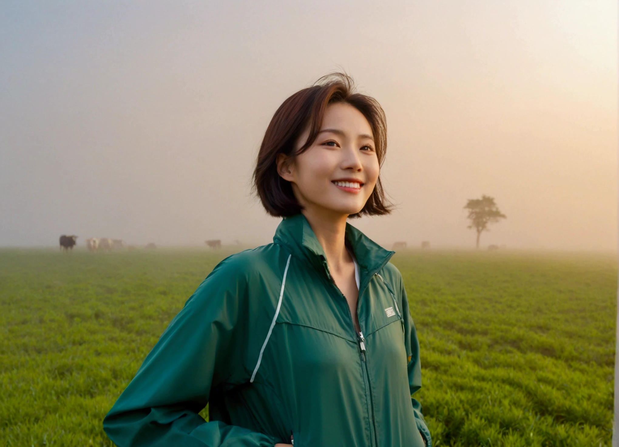 high quality, 1 woman, ((36-year-old healthy Korean woman)), ((36 years old)), 1 woman, eyes are big and beautiful. ((slim)), ((short medium hair)), Smile. pose: standing, Luxury brand windbreaker jacket, background: 1 woman, California, USA, green pastures, pasture, Cow, A green meadow can be seen in the distance through the early morning fog.. Full body shot with 16-34 wide angle lens, looking up the side, morning red sunlight.