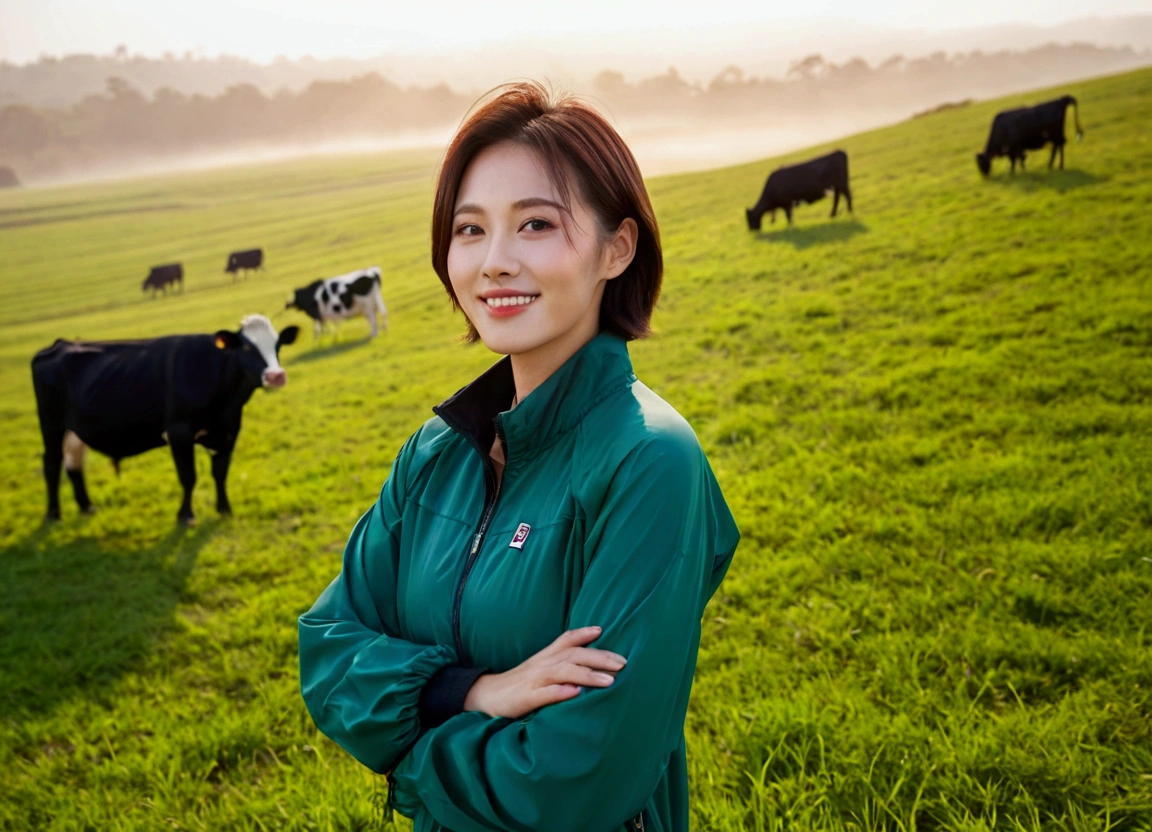 high quality, 1 woman, ((36-year-old healthy Korean woman)), ((36 years old)), 1 woman, eyes are big and beautiful. ((slim)), ((short medium hair)), Smile. pose: standing, Luxury brand windbreaker jacket, background: 1 woman, California, USA,  green pastures, pasture, Cow, A green meadow can be seen in the distance through the early morning fog.. Full body shot with 16-34 wide angle lens,  looking up the side, morning red sunlight.