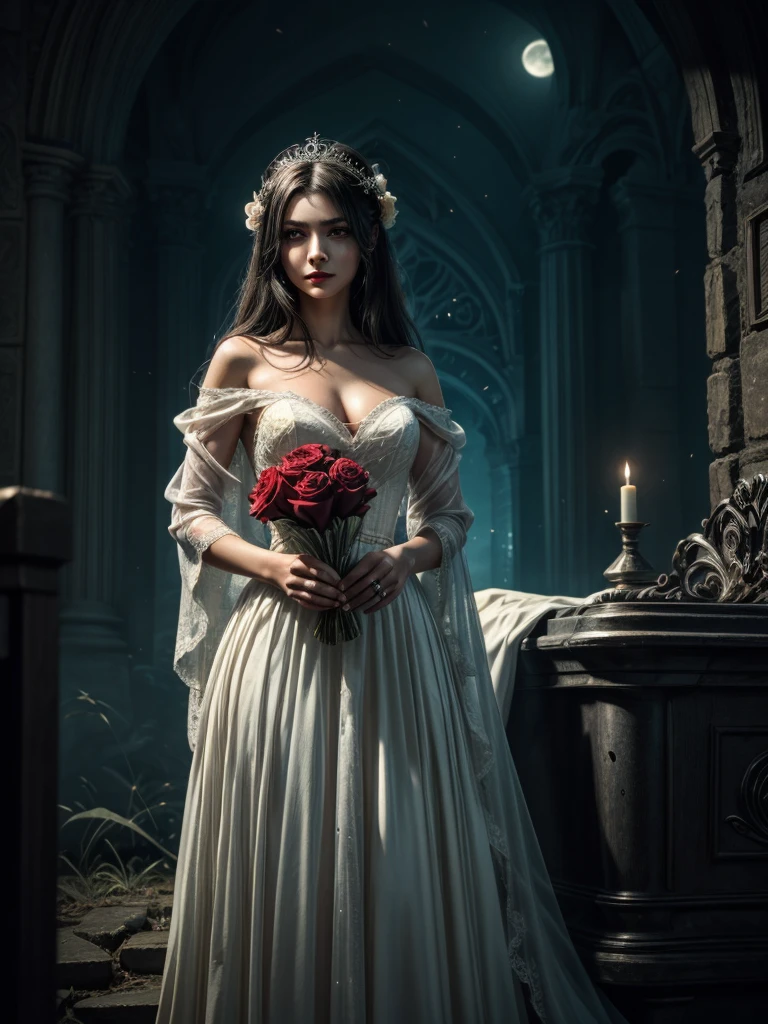 In the night graveyard near the open coffin standing beatiful pale bride female, she have pale skin, beatiful face with silver eyes dark red lipstick black eyeshadows and black tear trace on her face, her haie is black as the darkest night, she dressed in old wedding dress with holes and blood stains and bare feets, in her hands she holding withered black rose bouquet, she have greennish glow aura around her, there is blood moon in the sky,(ultra high quality fantasy art, ghothic dark fantasy style, masterpiece, ultra high quality character design, 8k quality anime art, realistic anime art, top quality wallpaper illustration, detailed ultra high quality accurate face, high quality design and accurate physic)