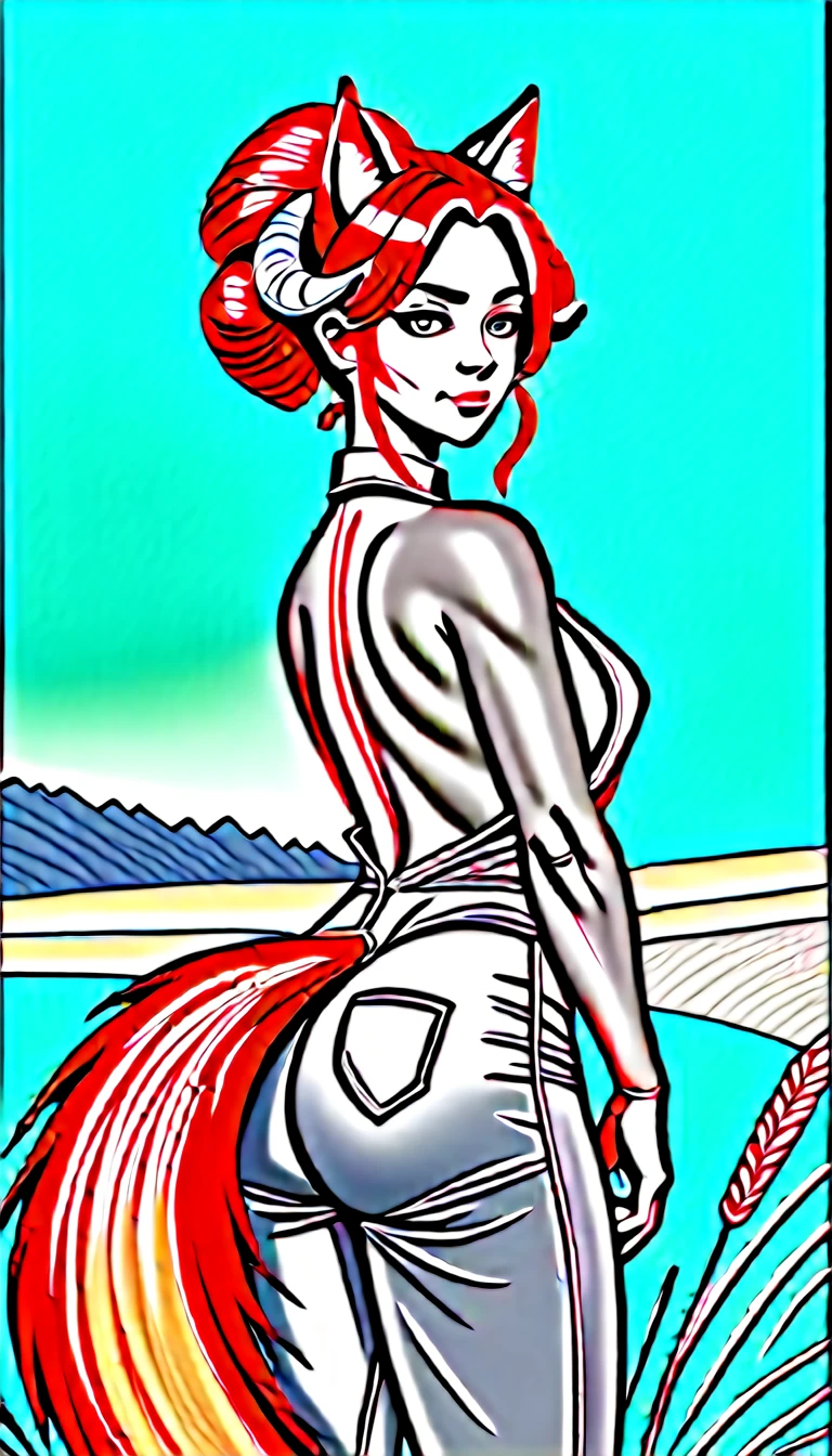 (zPDXL2), score_9_up, painterly, faux traditional media, realistic, BREAK
1girl, solo, fullbody, (fox:1.2), (long wavy hair, bun hairstyle), glowing red eyes, (ram horns:1.2), (fox ears, fox tail), tanned skin, sideboob, farmer jumpsuit, wheat farm background, BREAK
AissistXLv2, unaestheticXL_bp5, SimplePositiveXLv2, zPDXL2 PonyXLV6_Scores
