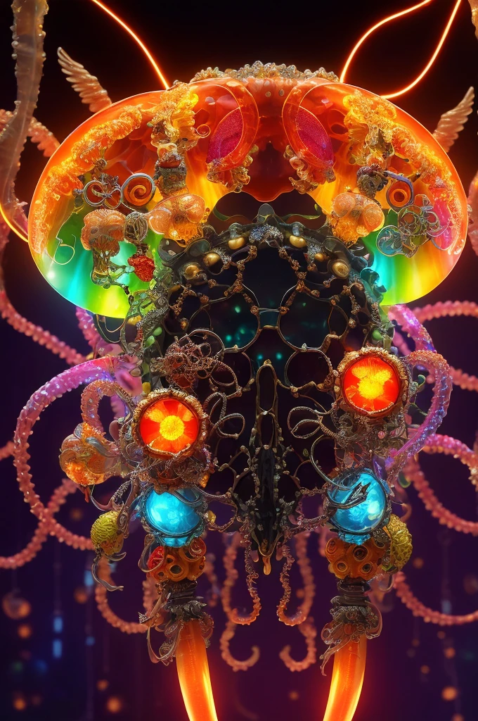 (masterpiece, best quality :1.3), Extremely detailed, complex, 8K, Human Development Report, wallpaper, light, (Glowing red, 十字形glow, Blooming flowers)), gun, (Shooting Stance), glow, crown, armor, Glowing red eyes, Metal Mecha, Metal Wings, Fantastic transparent jellyfish parasitizing a hornworm skull)), Abstract twisted jellyfish tentacles, altar, A set of transparent tentacles above the skull, (Dark sunglasses, Highly reflective lenses, Rainbow around the skull), The vibrant circular composition only illustrates the influence of various structural forces. (Steampunk decorative elements, gear, and other elements). pointer, Chain decoration combination,
