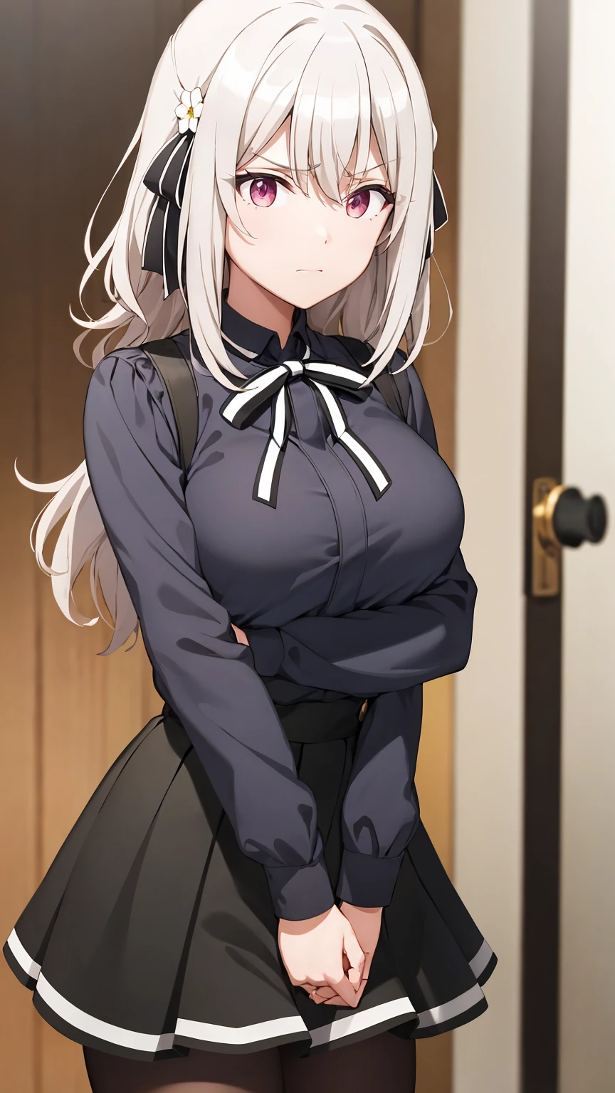 Yuri_was, One girl, alone, Black Shirt, Neck ribbon, suspenders, Black Skirt, Black Pantyhose, Embrace your chest, Arms under chest, View your viewers, From the side, Frowning