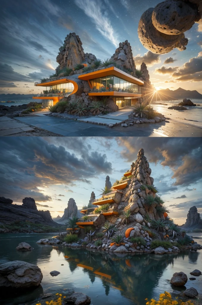 An illustration in collage style, with giant boulders, brutalist building sections, terraces, stairs, cacti, agave, concrete texture, multiple geometric shapes, hatch and cross hatching, planet saturn, volcano, moon, Luis Barragán's architectural style build, milky way galaxy, violet, one motorcycle, An illustration in collage style, with giant boulders, brutalist building sections, stairs, cacti, agave, concrete texture, multiple geometric shapes, hatch and cross hatching, planet saturn, volcano, moon, Luis Barragán's architectural style build, reflective pool, terraces. An elegant and modern build, in top of big boulders, with terraces, materials concrete, wood, steel and crystal, various gardens with tropical vegetation, cacti and rocks, stairs, a pool. In middle of sea, a big wave near, sunset, mountains and a volcano in the horizont, cute islands around, illustration format, cute color palette, detailed, masterpiece, award-winning work, clouds, Illustration, a garden with abundant cacti, ((various organic sculptures)), ((big rocks)), (((multiple sections))), collage style, detailed, (((color palette (olive green), (Mustard orange), cool grey, ((blue)), black and white))), (((a lot Luis barragán's architecture style builds))) big clouds, volcano in horizon, stairs, in the desert. ((masterpiece, best quality)),illustration,ultra detailed 8k, ((Ori Toor visual style)),soviet, megabuildings, megastructures, buildings, organic steel sculpture